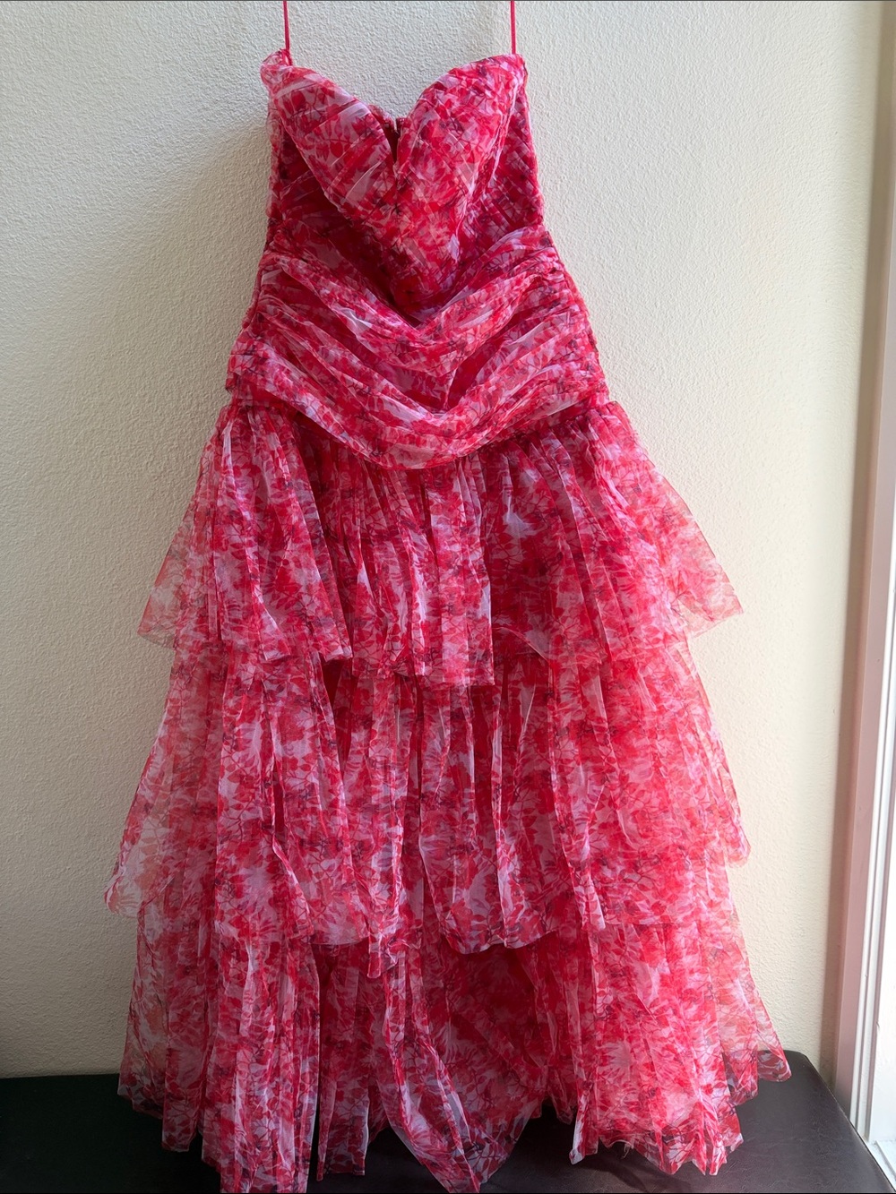 Strapless Red Floral Ruffle Gown
